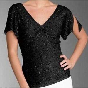Adrianna Papell Boutique Black Sequin Beaded Flutter Sleeve V Neck Top M